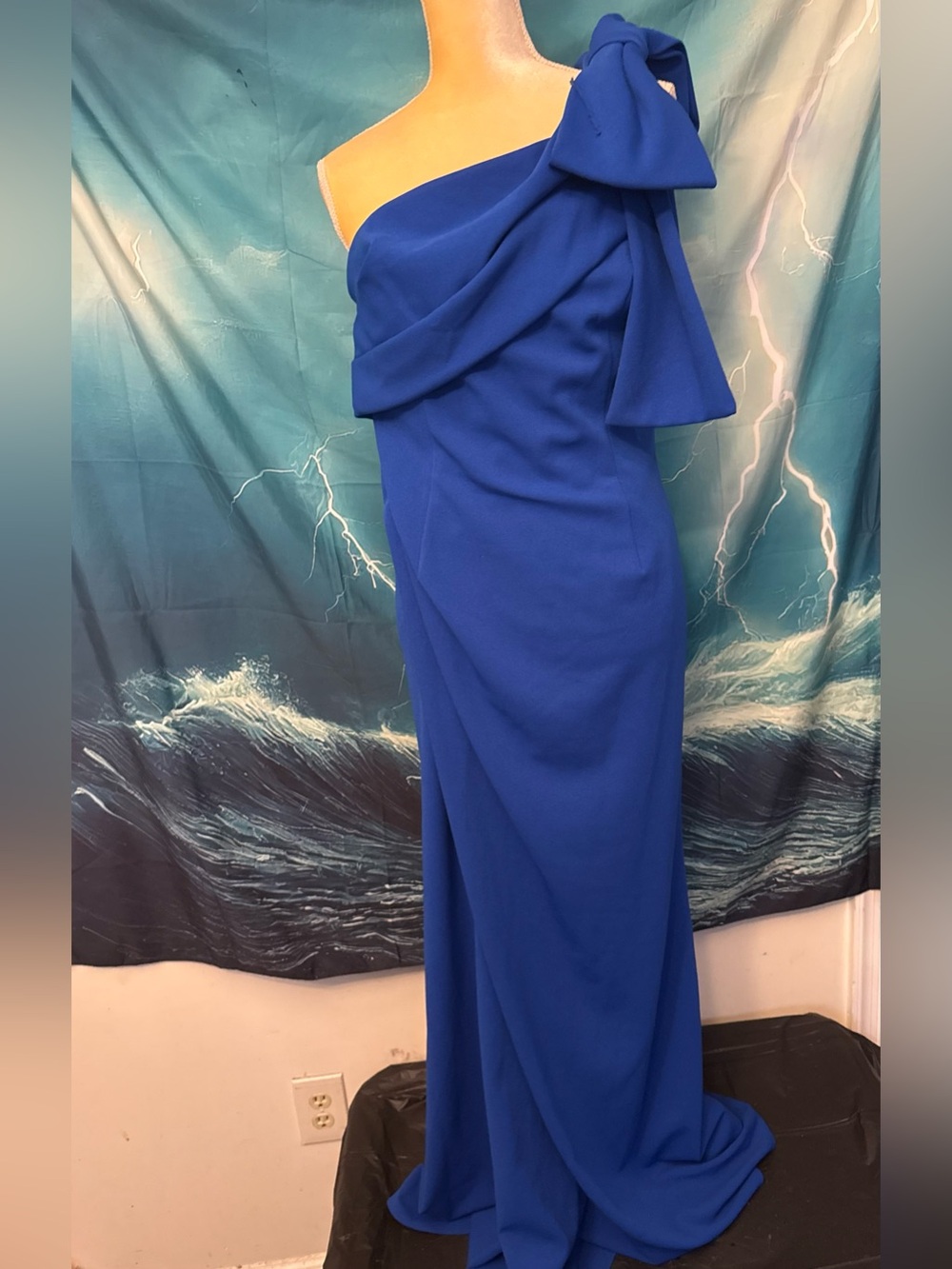 Adrianna Papell Royal Blue One-Shoulder Gown with Bow Detail